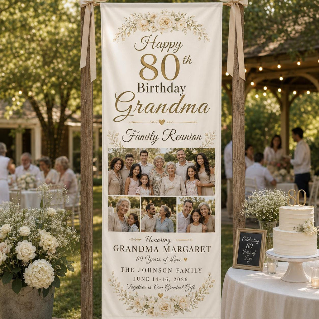 Grandma 80th Birthday Banner, Personalized Family Reunion Photo Banner, Custom Satin Birthday Sign - product image 1