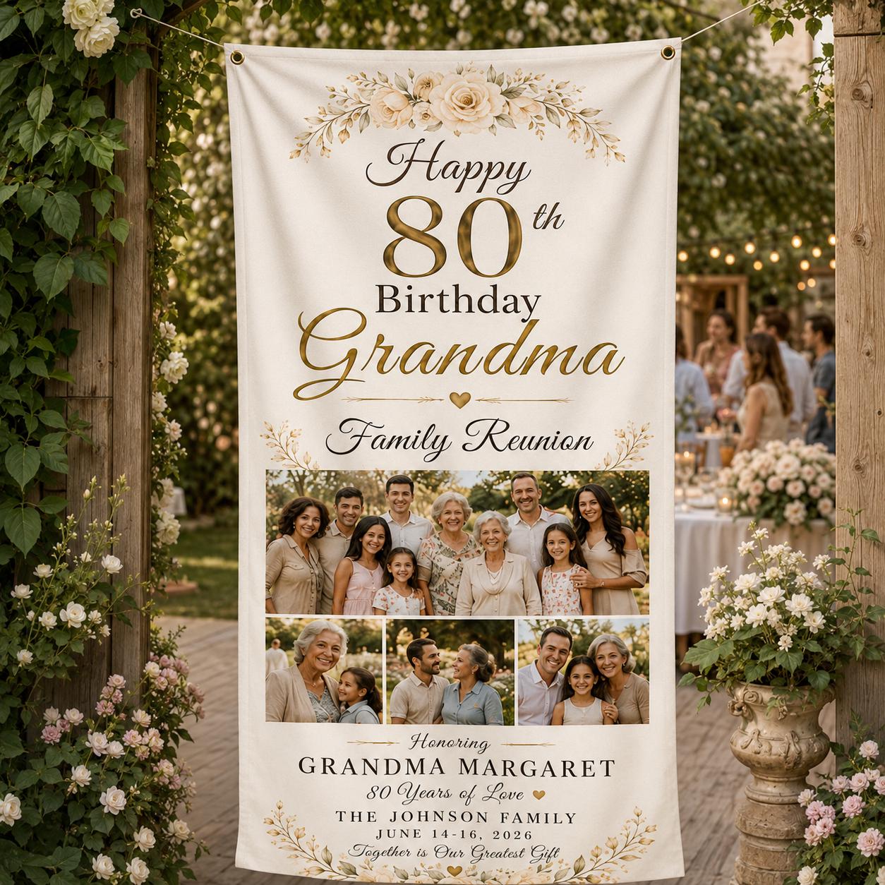 Grandma 80th Birthday Banner, Personalized Family Reunion Photo Banner, Custom Satin Birthday Sign - product image 7