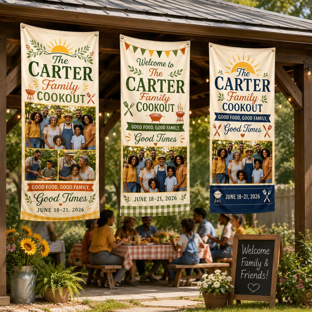 Family Cookout Banner, Personalized Photo Family Reunion Sign, Custom Satin BBQ Party Banner - product image 4