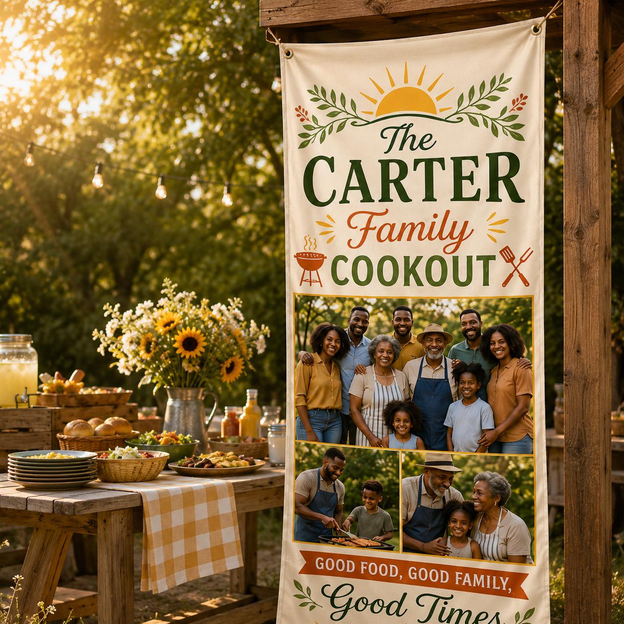 Family Cookout Banner, Personalized Photo Family Reunion Sign, Custom Satin BBQ Party Banner - product image 9