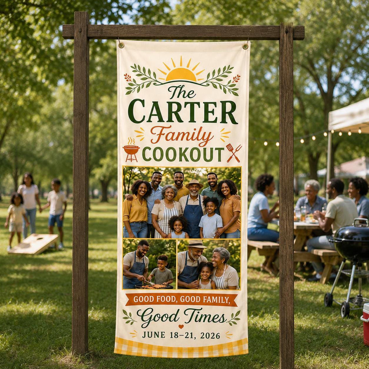 Family Cookout Banner, Personalized Photo Family Reunion Sign, Custom Satin BBQ Party Banner - product image 6