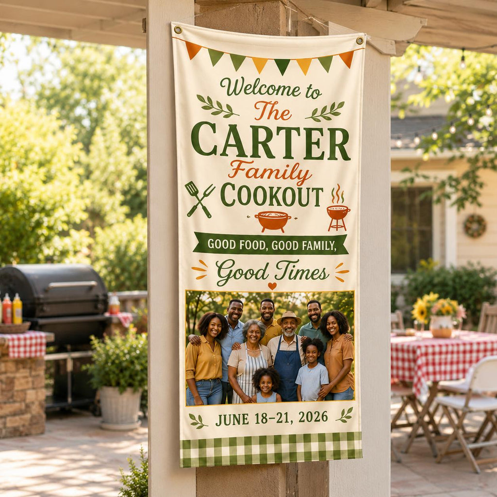 Family Cookout Banner, Personalized Photo Family Reunion Sign, Custom Satin BBQ Party Banner - product image 10