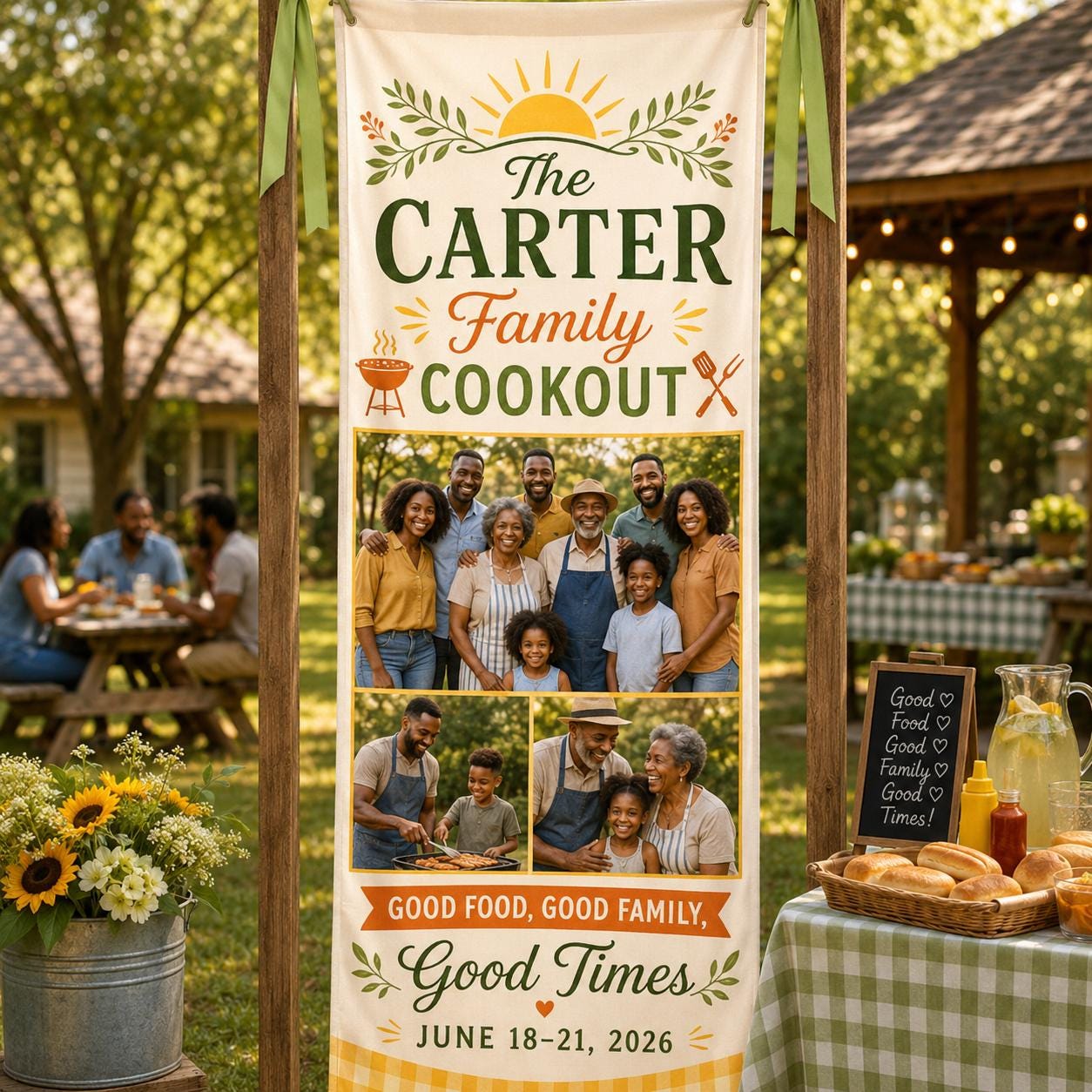Family Cookout Banner, Personalized Photo Family Reunion Sign, Custom Satin BBQ Party Banner - product image 1