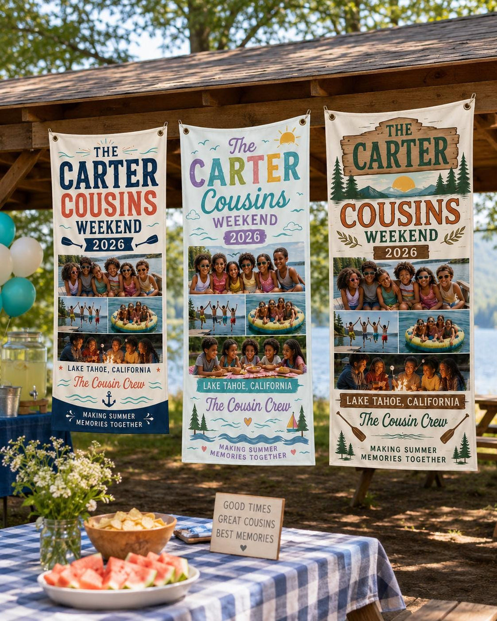 Cousins Weekend Banner, Personalized Photo Family Reunion Sign, Custom Satin Lake Trip Banner - product image 4
