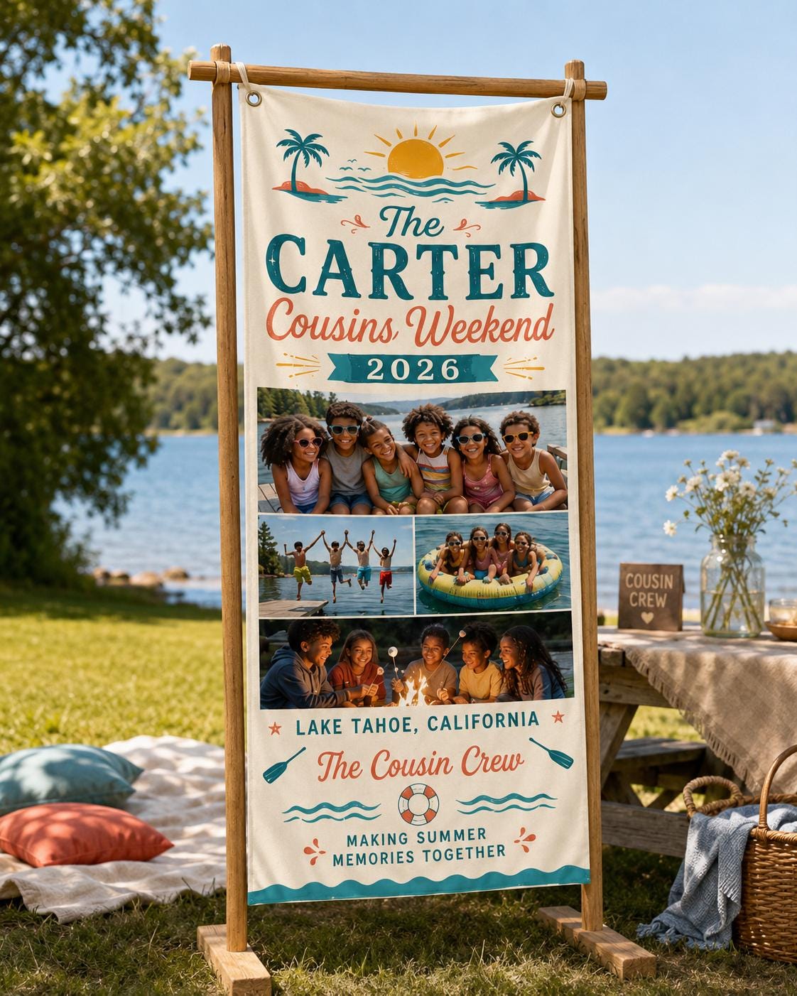 Cousins Weekend Banner, Personalized Photo Family Reunion Sign, Custom Satin Lake Trip Banner - product image 6