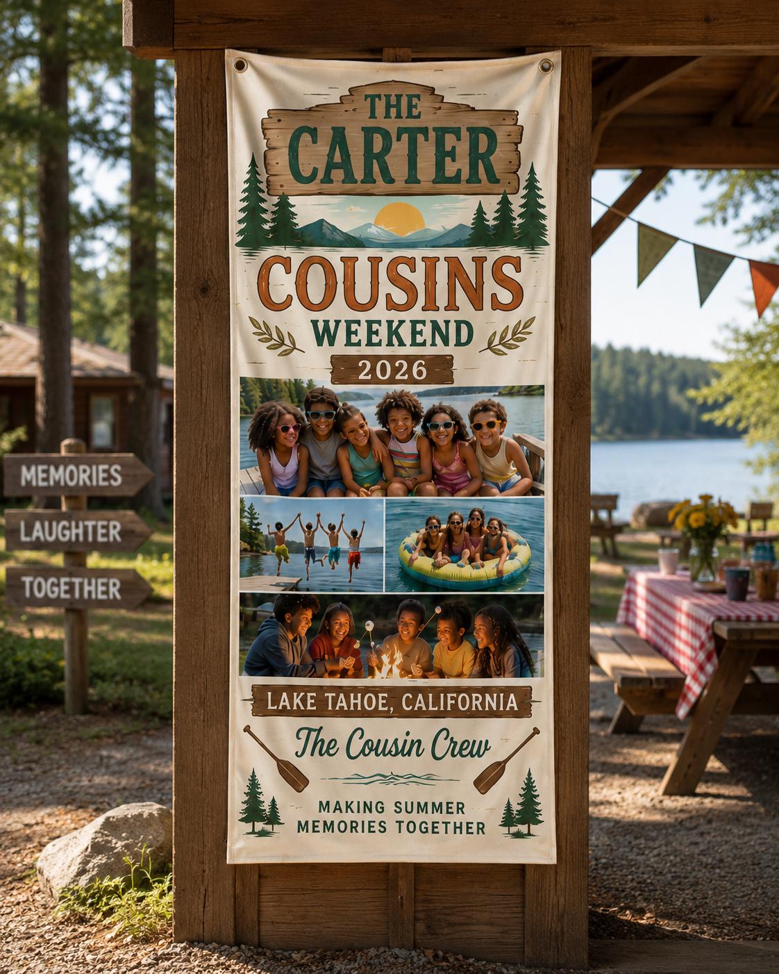 Cousins Weekend Banner, Personalized Photo Family Reunion Sign, Custom Satin Lake Trip Banner - product image 1