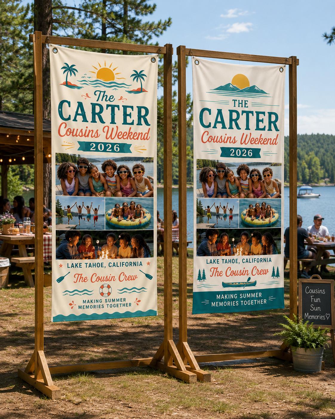 Cousins Weekend Banner, Personalized Photo Family Reunion Sign, Custom Satin Lake Trip Banner - product image 10
