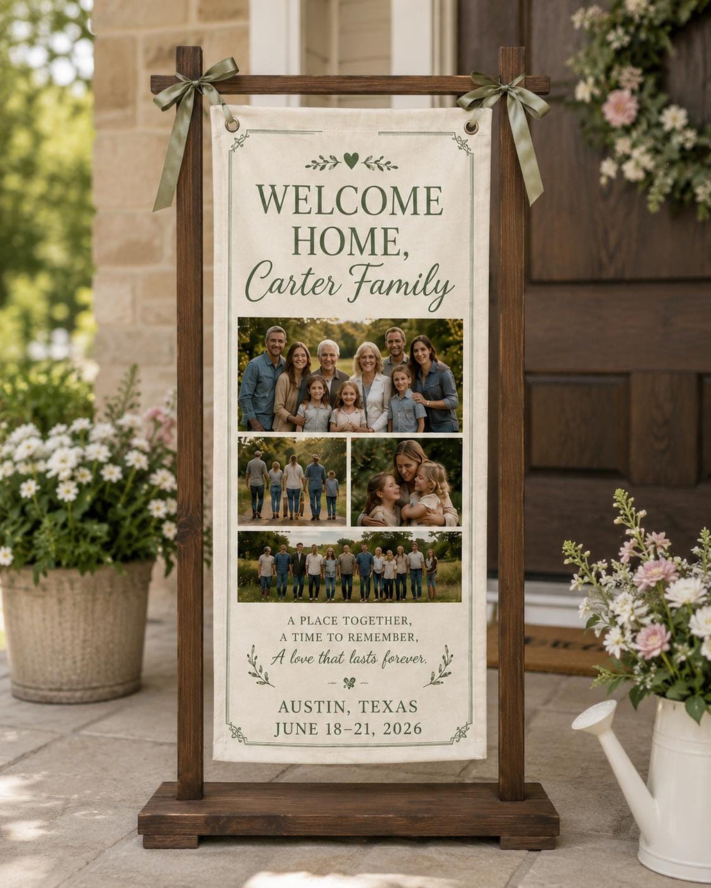 Welcome Home Family Banner, Personalized Photo Family Reunion Sign, Custom Satin Welcome Banner - product image 1