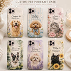 Custom Pet Portrait Phone Case, Personalized Dog Cat Photo, Floral Design