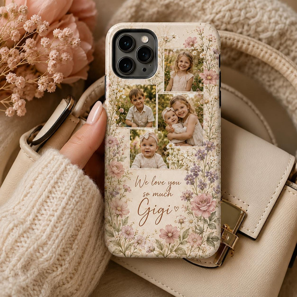 Personalized Grandma Photo Phone Case, Custom Grandkids Collage Tough Case, Floral Gift For Grandma