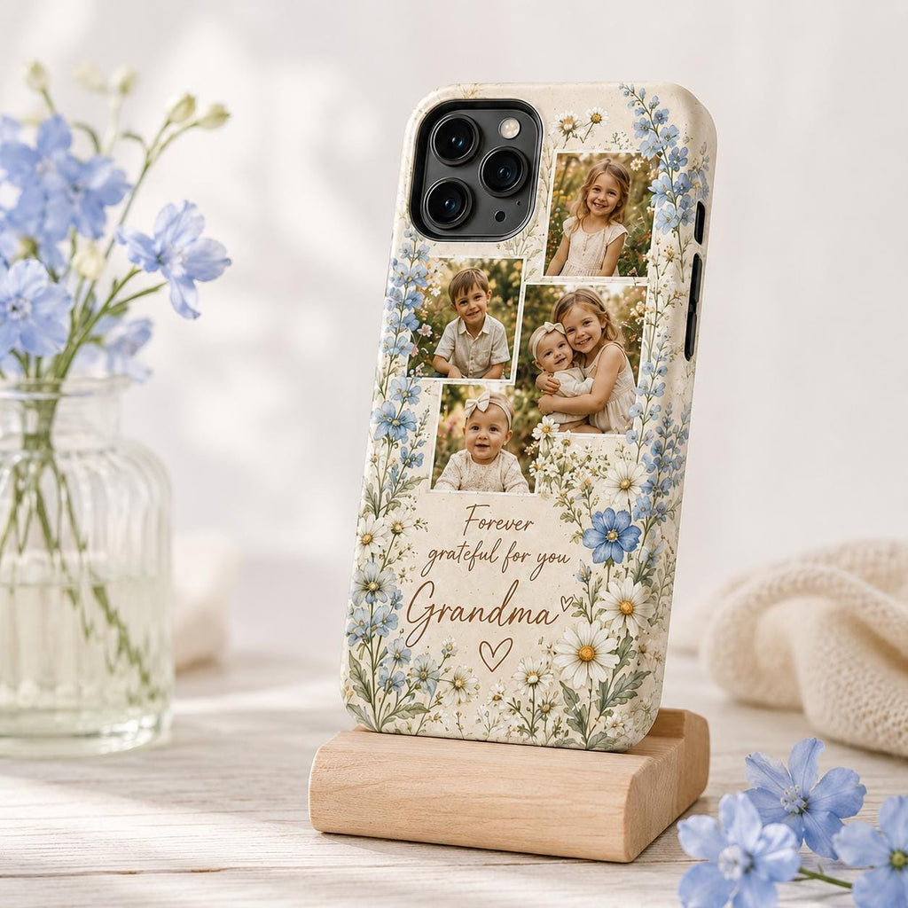 Personalized Grandma Photo Phone Case, Custom Grandkids Collage Tough Case, Floral Gift For Grandma