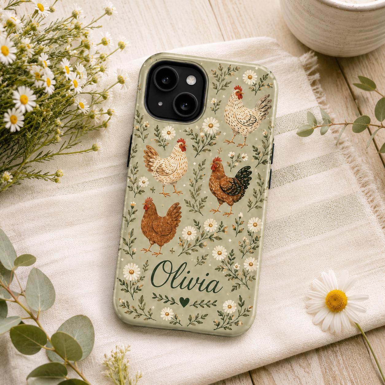 Custom Chicken Phone Case, Personalized Farmhouse Hen Rooster iPhone Case, Cottagecore Floral Name Case Gift
