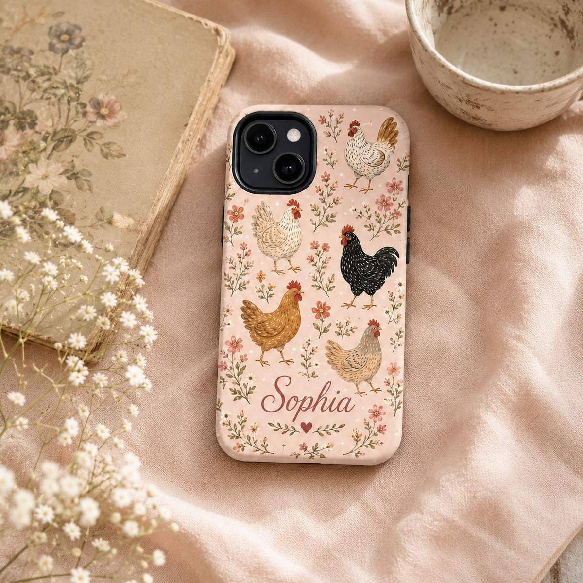 Custom Chicken Phone Case, Personalized Farmhouse Hen Rooster iPhone Case, Cottagecore Floral Name Case Gift