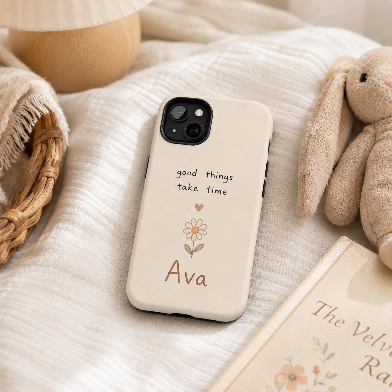 Custom Motivational Phone Case, Personalized Positive Quote iPhone Case, Minimal Doodle Name Case Gift
