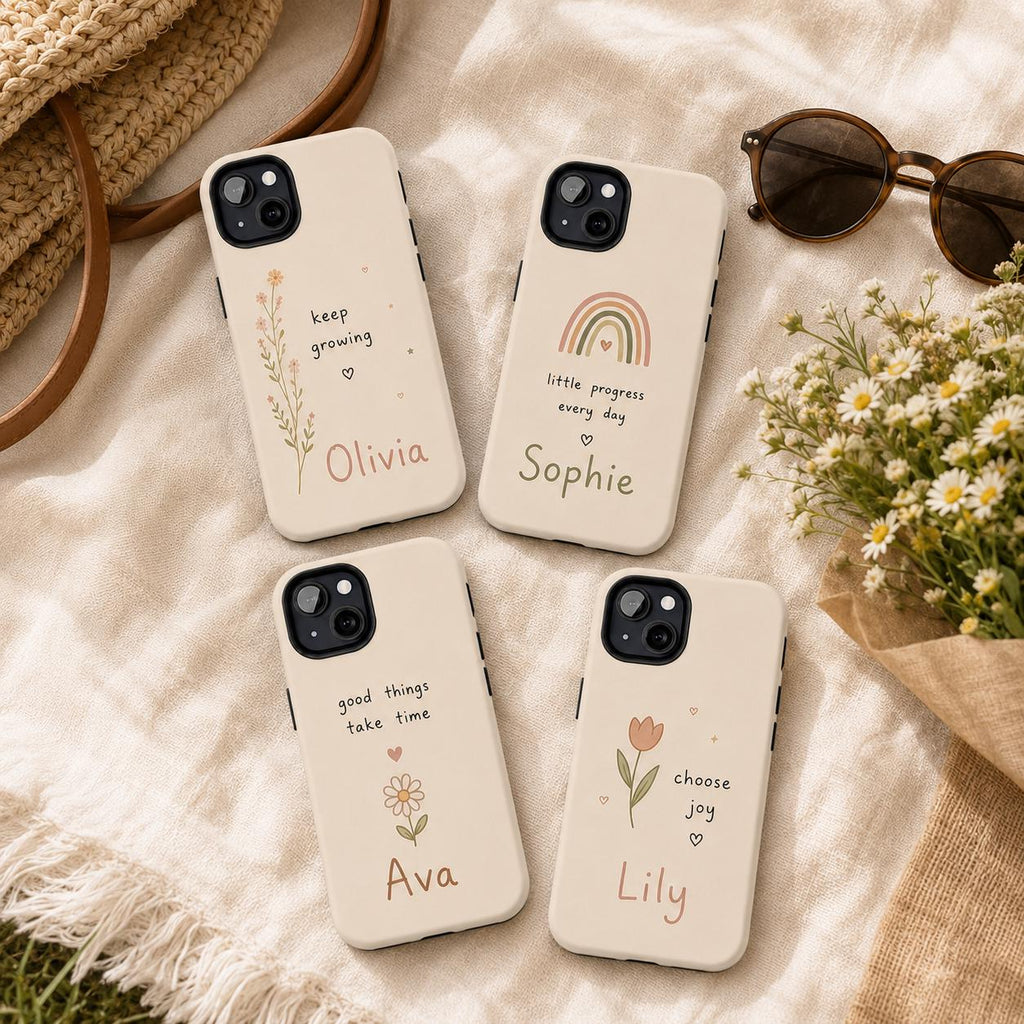Custom Motivational Phone Case, Personalized Positive Quote iPhone Case, Minimal Doodle Name Case Gift