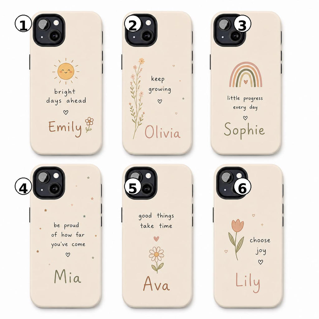 Custom Motivational Phone Case, Personalized Positive Quote iPhone Case, Minimal Doodle Name Case Gift