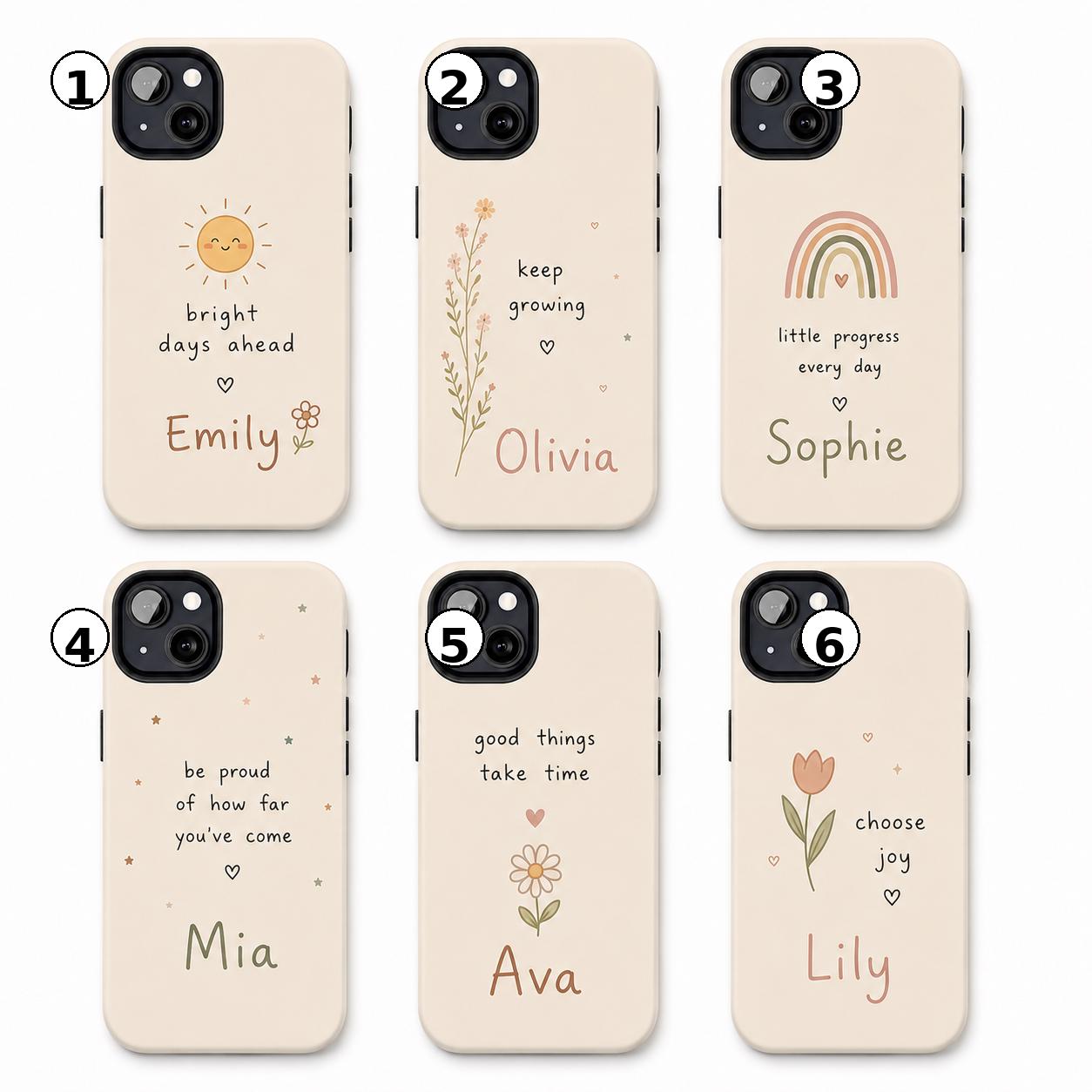 Custom Motivational Phone Case, Personalized Positive Quote iPhone Case, Minimal Doodle Name Case Gift