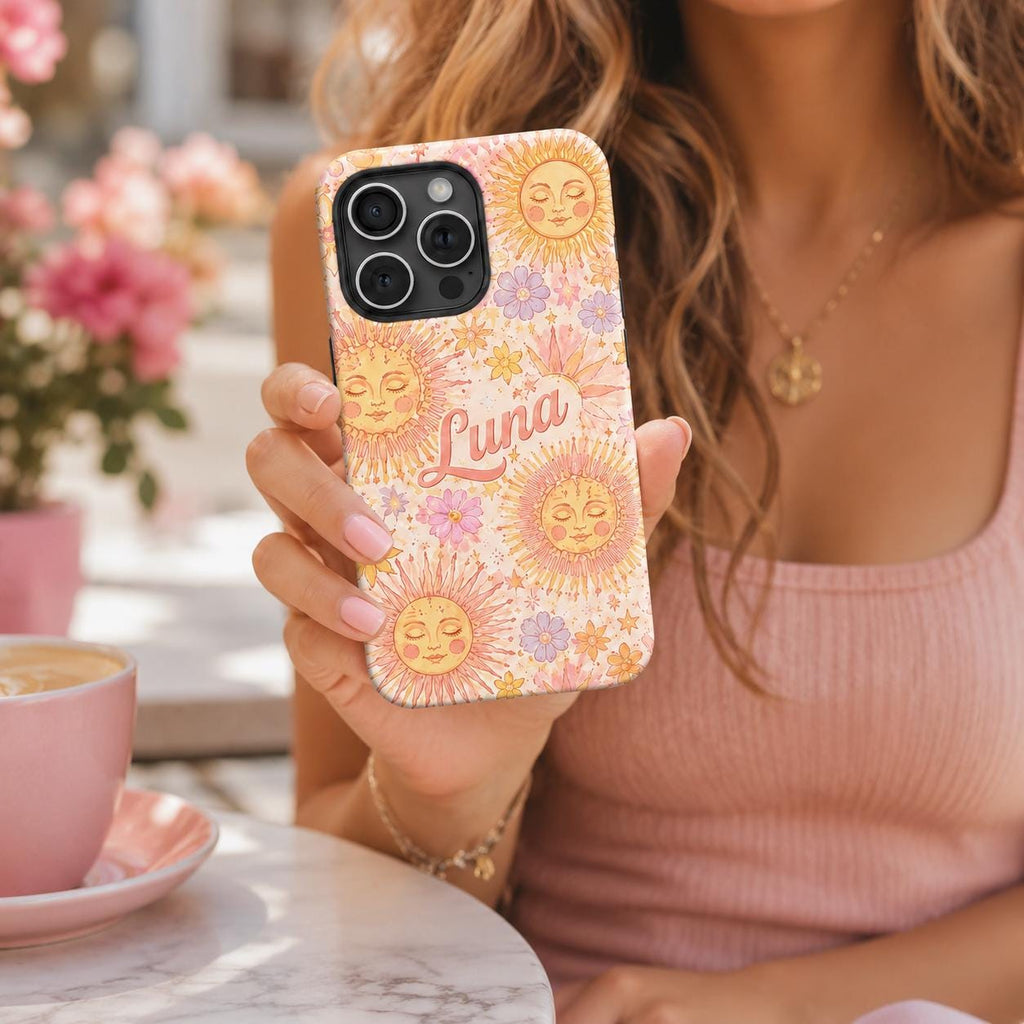 Custom Sun Phone Case, Personalized Celestial Floral iPhone Case, Boho Sunshine Name Case Gift