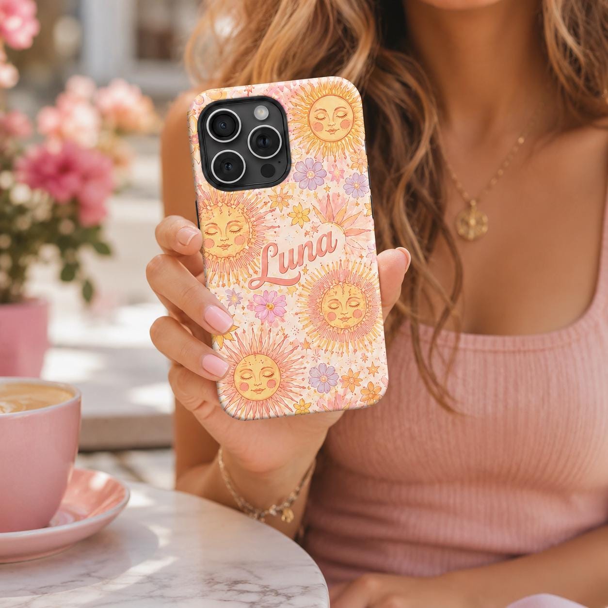 Custom Sun Phone Case, Personalized Celestial Floral iPhone Case, Boho Sunshine Name Case Gift