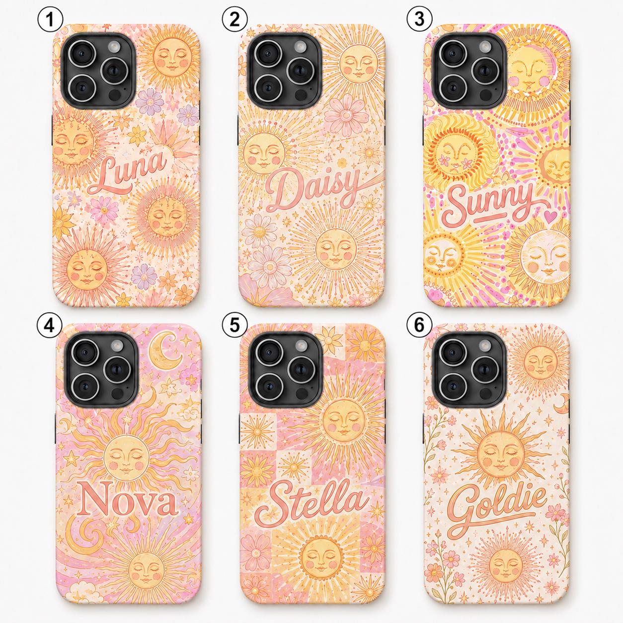 Custom Sun Phone Case, Personalized Celestial Floral iPhone Case, Boho Sunshine Name Case Gift