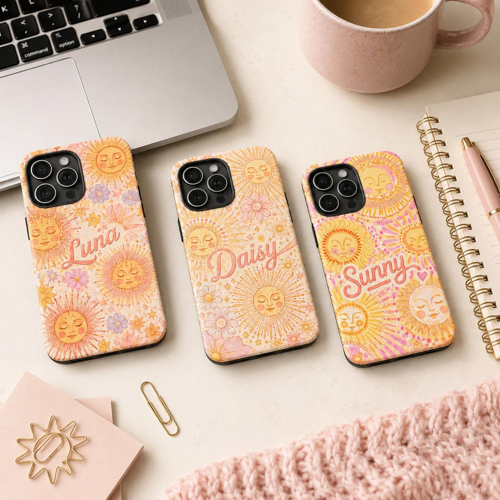 Custom Sun Phone Case, Personalized Celestial Floral iPhone Case, Boho Sunshine Name Case Gift