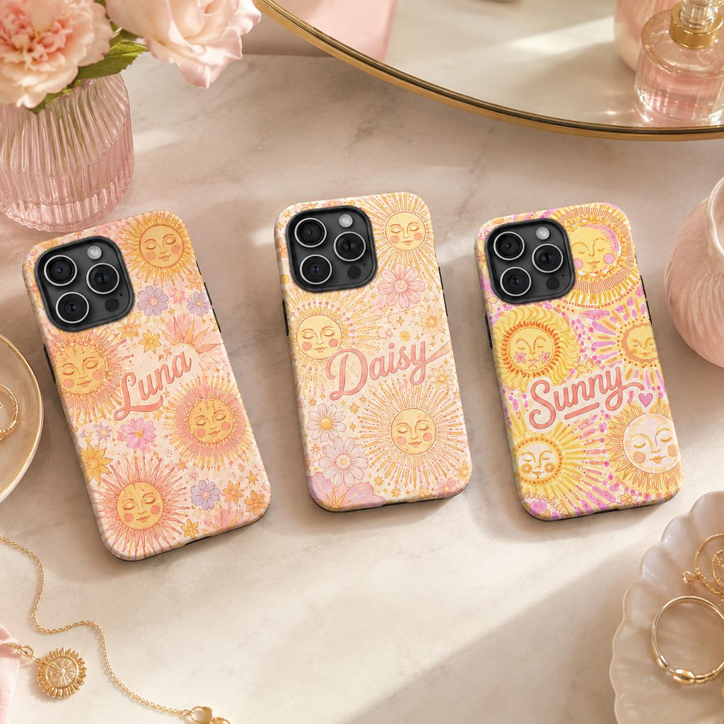 Custom Sun Phone Case, Personalized Celestial Floral iPhone Case, Boho Sunshine Name Case Gift