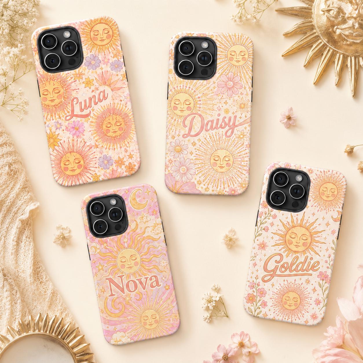 Custom Sun Phone Case, Personalized Celestial Floral iPhone Case, Boho Sunshine Name Case Gift