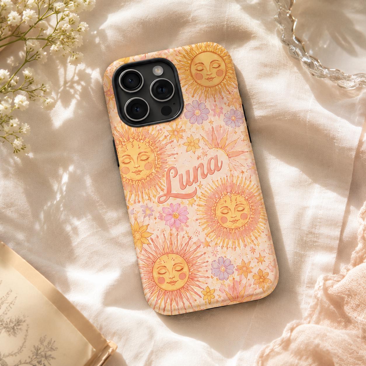 Custom Sun Phone Case, Personalized Celestial Floral iPhone Case, Boho Sunshine Name Case Gift