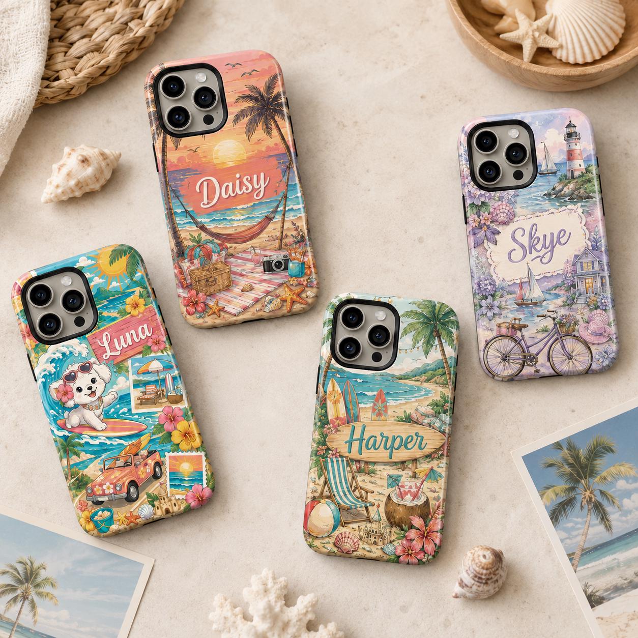 Custom Beach Phone Case, Personalized Summer iPhone Case, Tropical Vacation Name Case Gift for Her