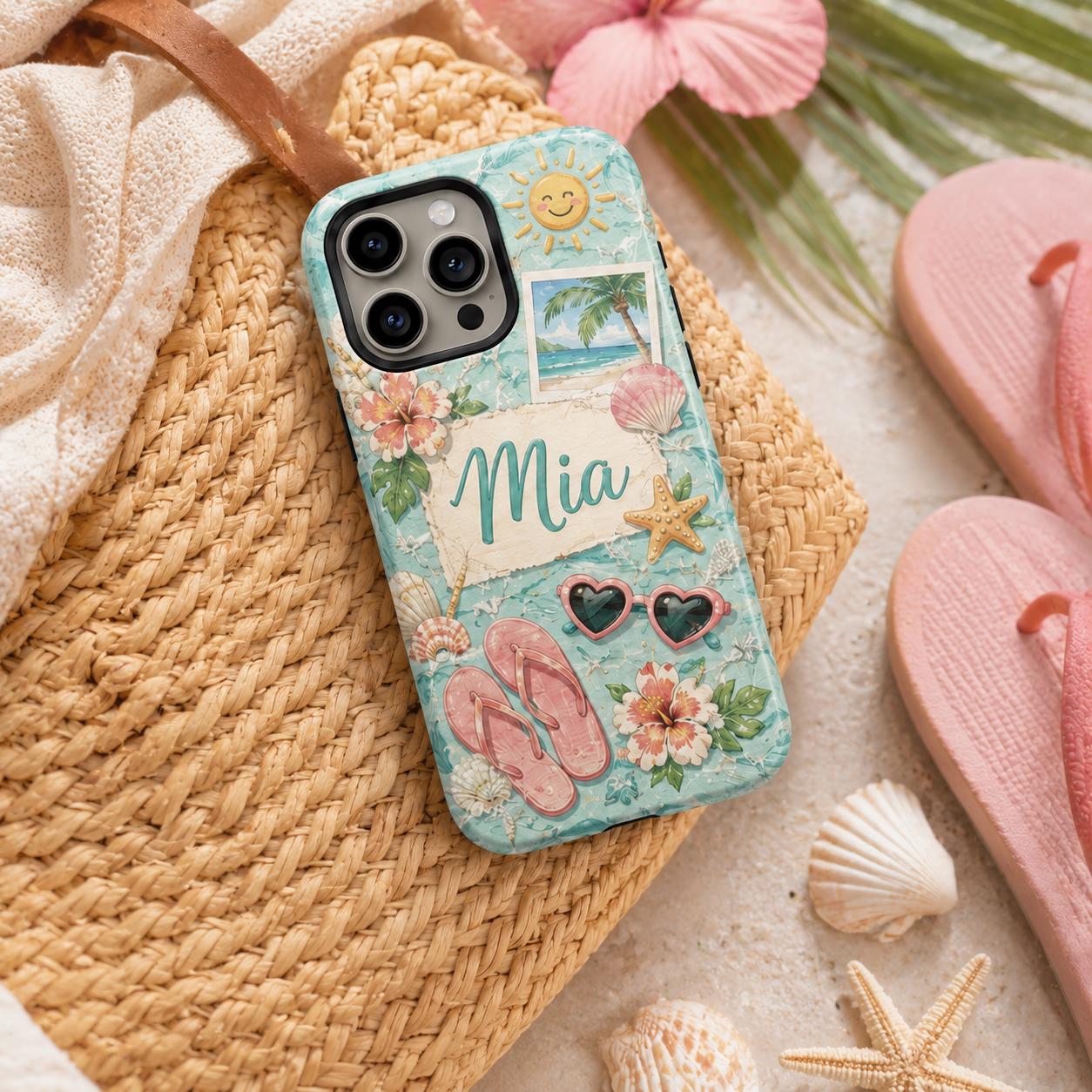 Custom Beach Phone Case, Personalized Summer iPhone Case, Tropical Vacation Name Case Gift for Her