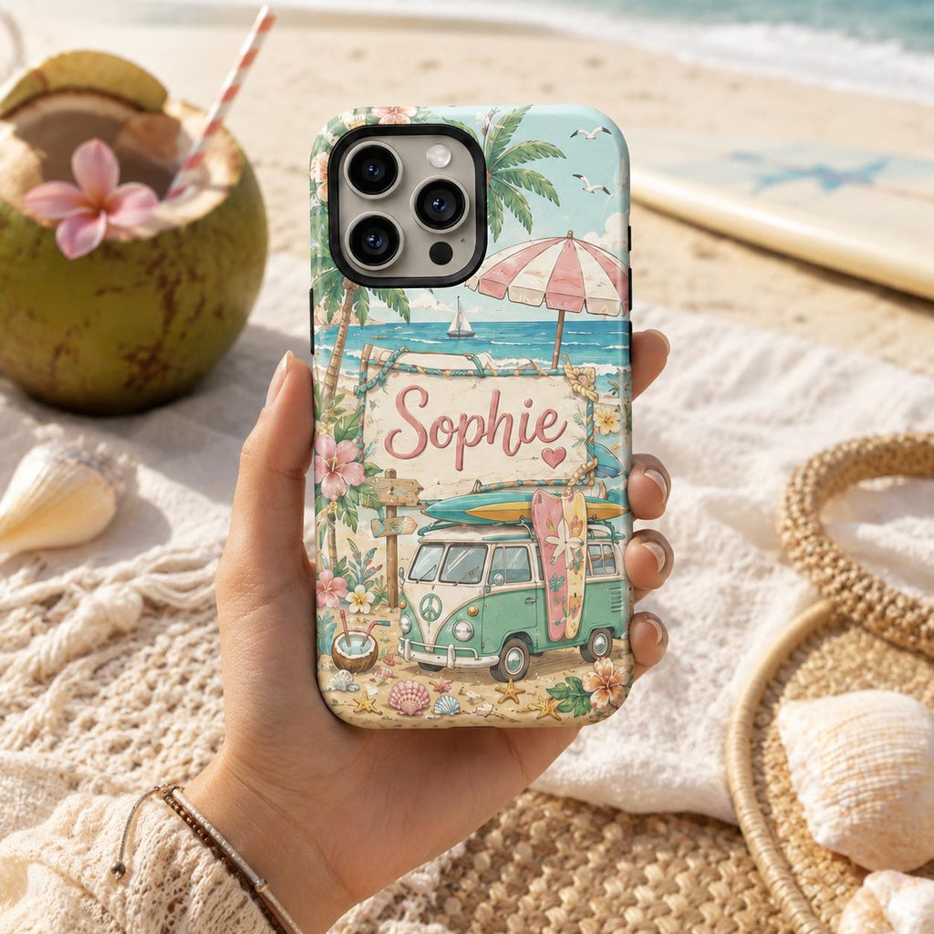 Custom Beach Phone Case, Personalized Summer iPhone Case, Tropical Vacation Name Case Gift for Her