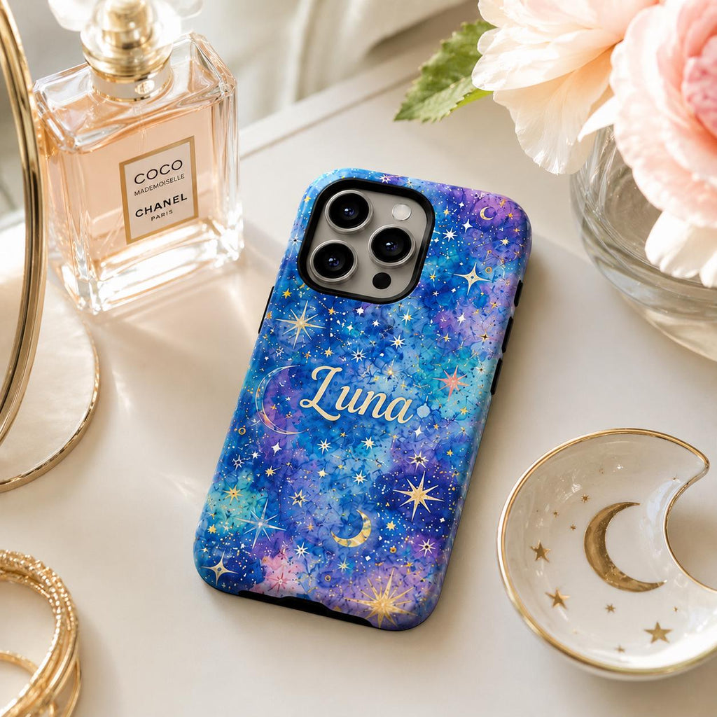 Custom Galaxy Phone Case, Personalized Celestial iPhone Case, Colorful Star Moon Name Case Gift