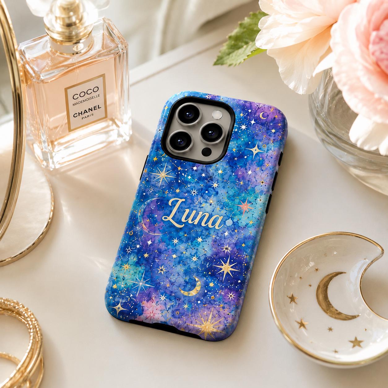 Custom Galaxy Phone Case, Personalized Celestial iPhone Case, Colorful Star Moon Name Case Gift