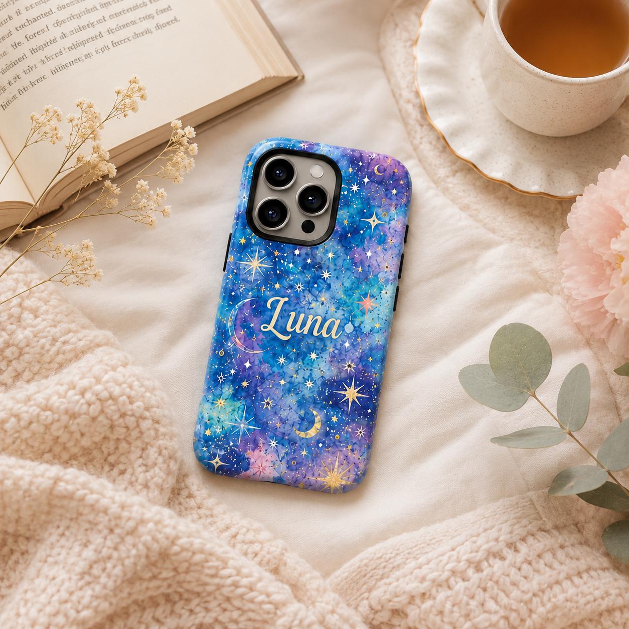 Custom Galaxy Phone Case, Personalized Celestial iPhone Case, Colorful Star Moon Name Case Gift