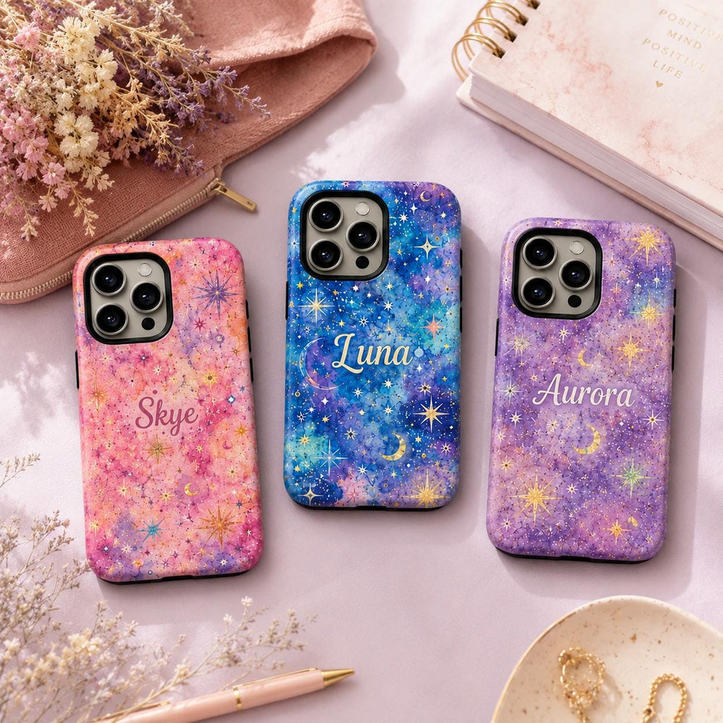 Custom Galaxy Phone Case, Personalized Celestial iPhone Case, Colorful Star Moon Name Case Gift