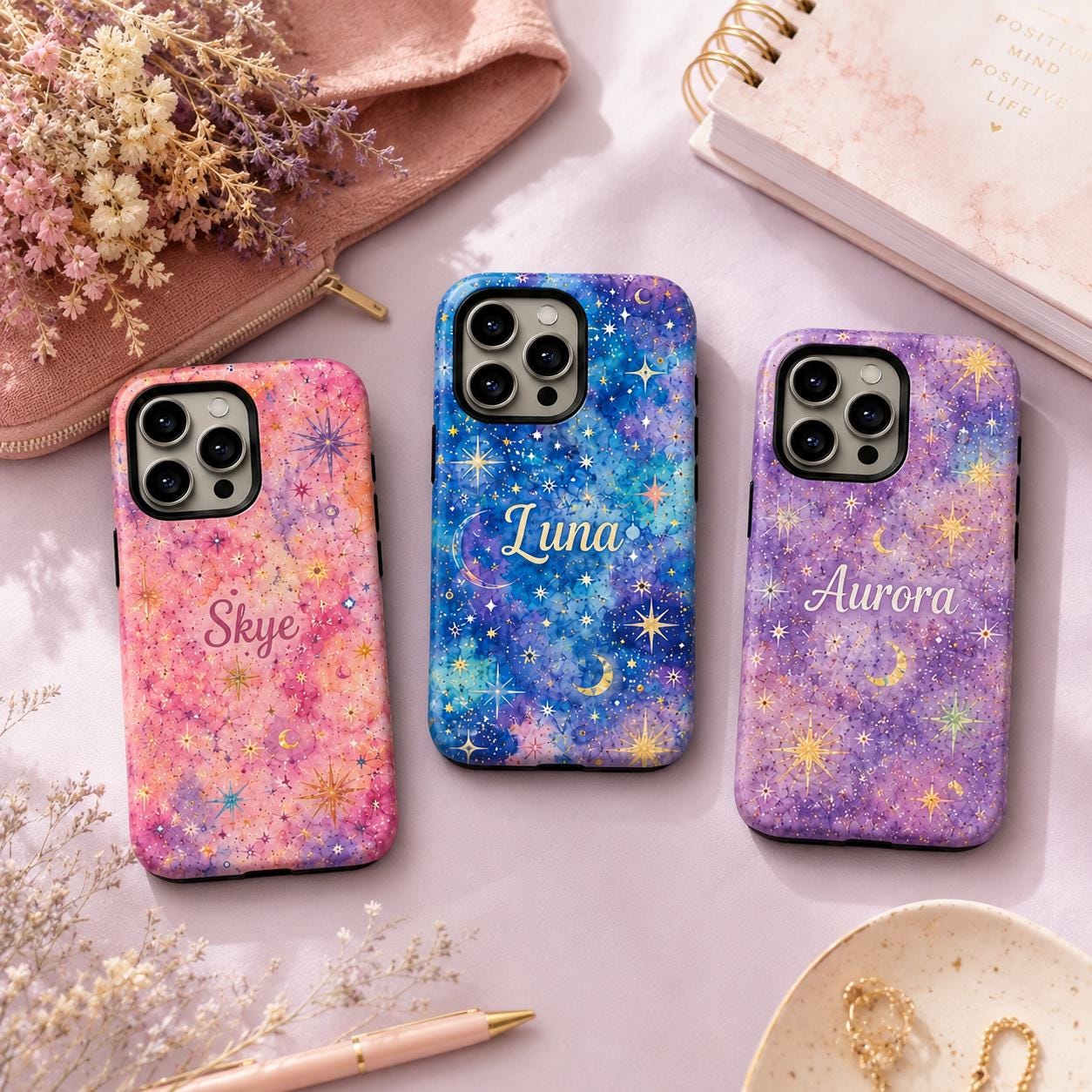 Custom Galaxy Phone Case, Personalized Celestial iPhone Case, Colorful Star Moon Name Case Gift