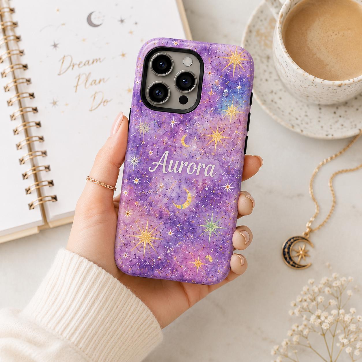 Custom Galaxy Phone Case, Personalized Celestial iPhone Case, Colorful Star Moon Name Case Gift