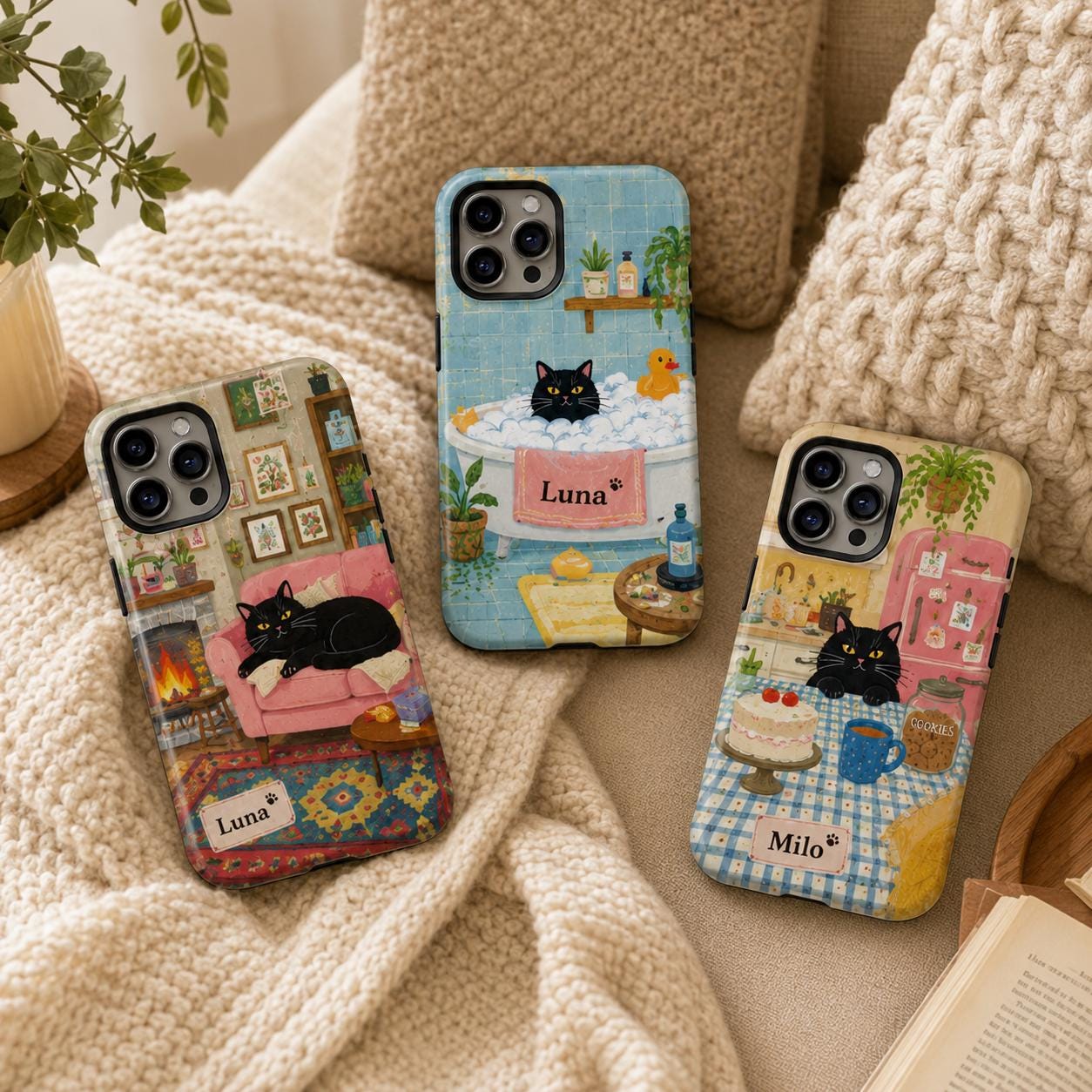 Custom Black Cat Phone Case, Personalized Cozy Tea iPhone Case, Cottagecore Cat Lover Gift for Her