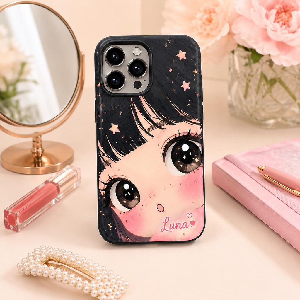 Custom Kawaii Girl Phone Case, Personalized Big Eye Anime iPhone Case, Cute Name Case Gift for Her