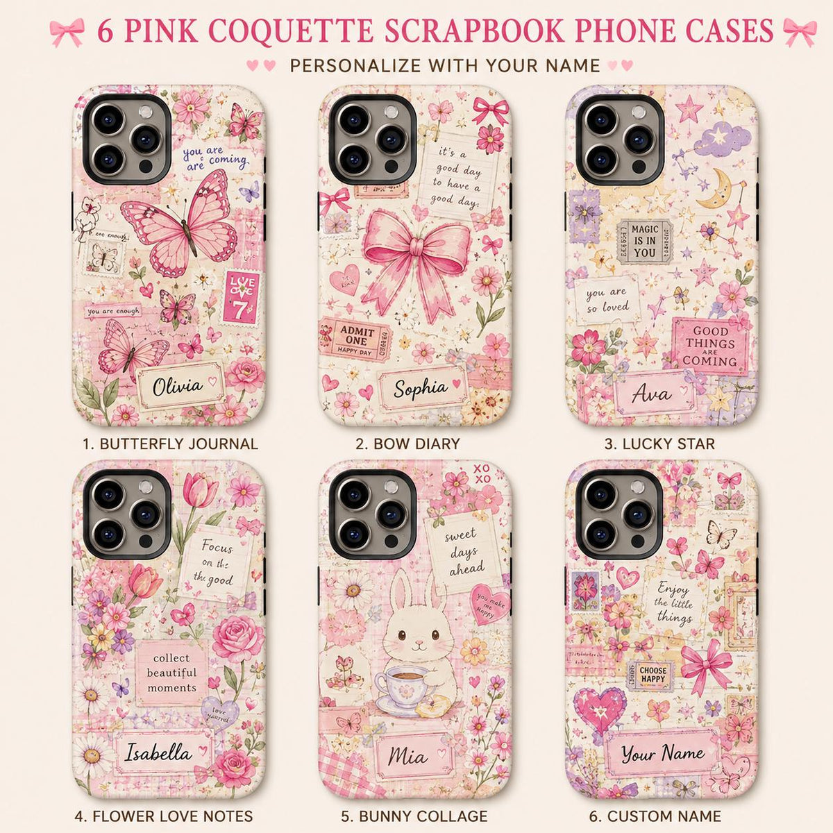 Custom Scrapbook Phone Case, Personalized Pink Coquette iPhone Case, Floral Cottagecore Name Gift for Her