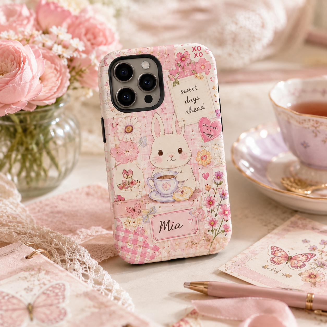 Custom Scrapbook Phone Case, Personalized Pink Coquette iPhone Case, Floral Cottagecore Name Gift for Her