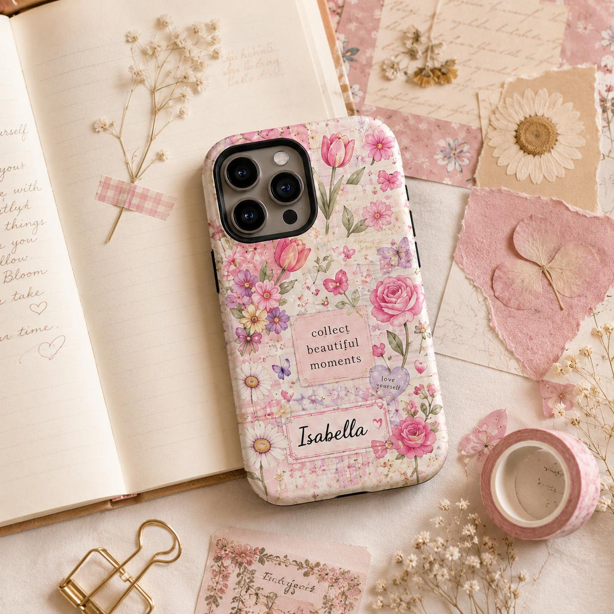 Custom Scrapbook Phone Case, Personalized Pink Coquette iPhone Case, Floral Cottagecore Name Gift for Her