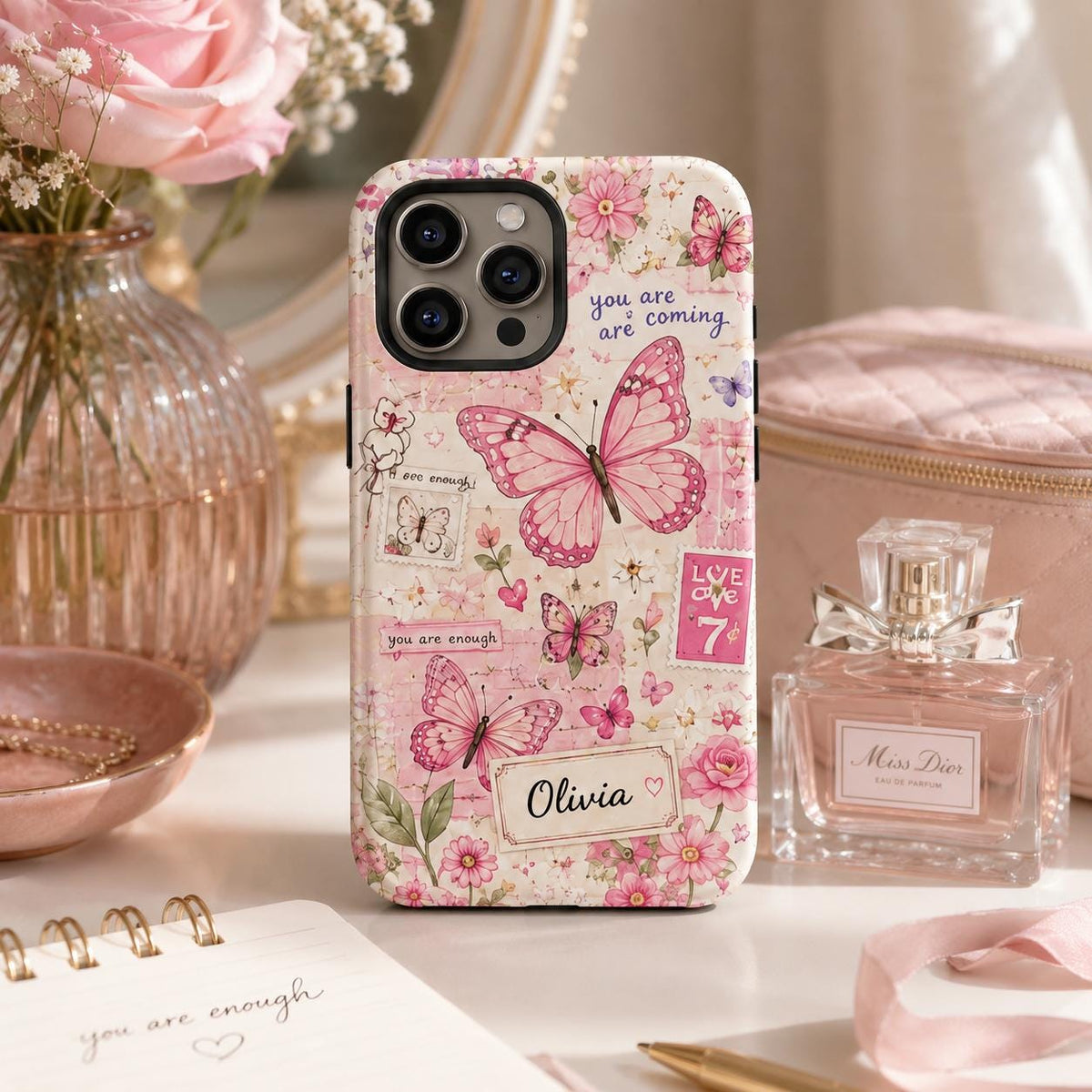 Custom Scrapbook Phone Case, Personalized Pink Coquette iPhone Case, Floral Cottagecore Name Gift for Her