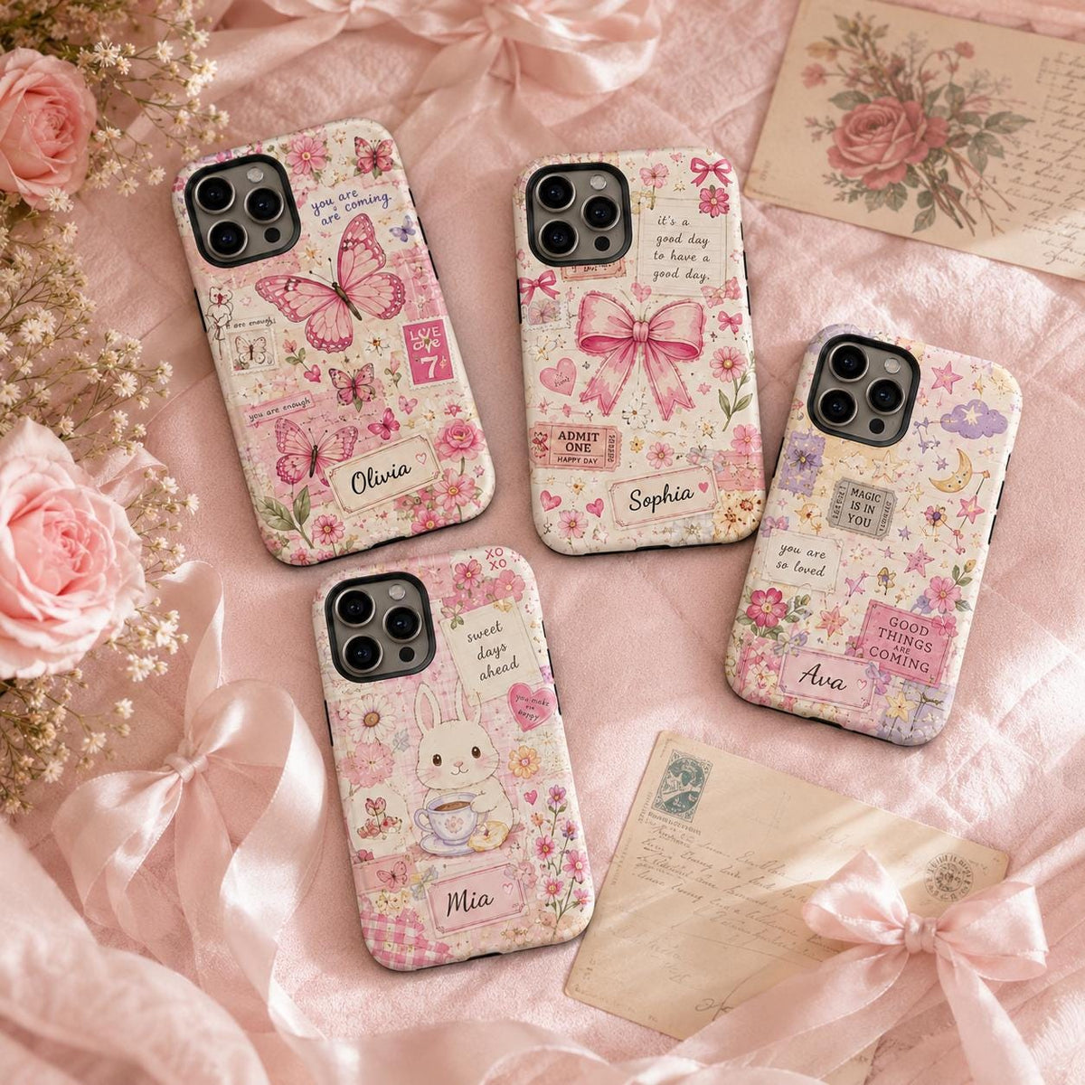 Custom Scrapbook Phone Case, Personalized Pink Coquette iPhone Case, Floral Cottagecore Name Gift for Her
