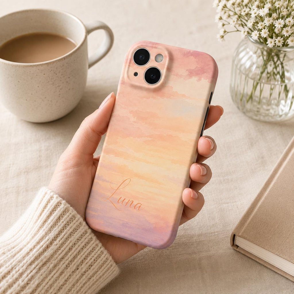Custom Sunset Phone Case, Personalized Watercolor Sky iPhone Case, Pastel Cloud Name Case Gift for Her