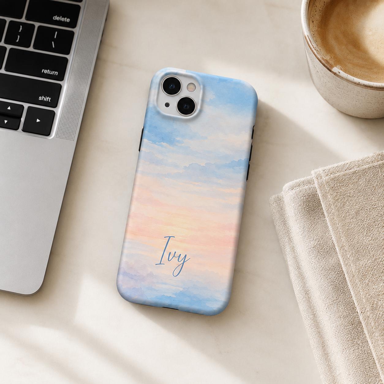 Custom Sunset Phone Case, Personalized Watercolor Sky iPhone Case, Pastel Cloud Name Case Gift for Her