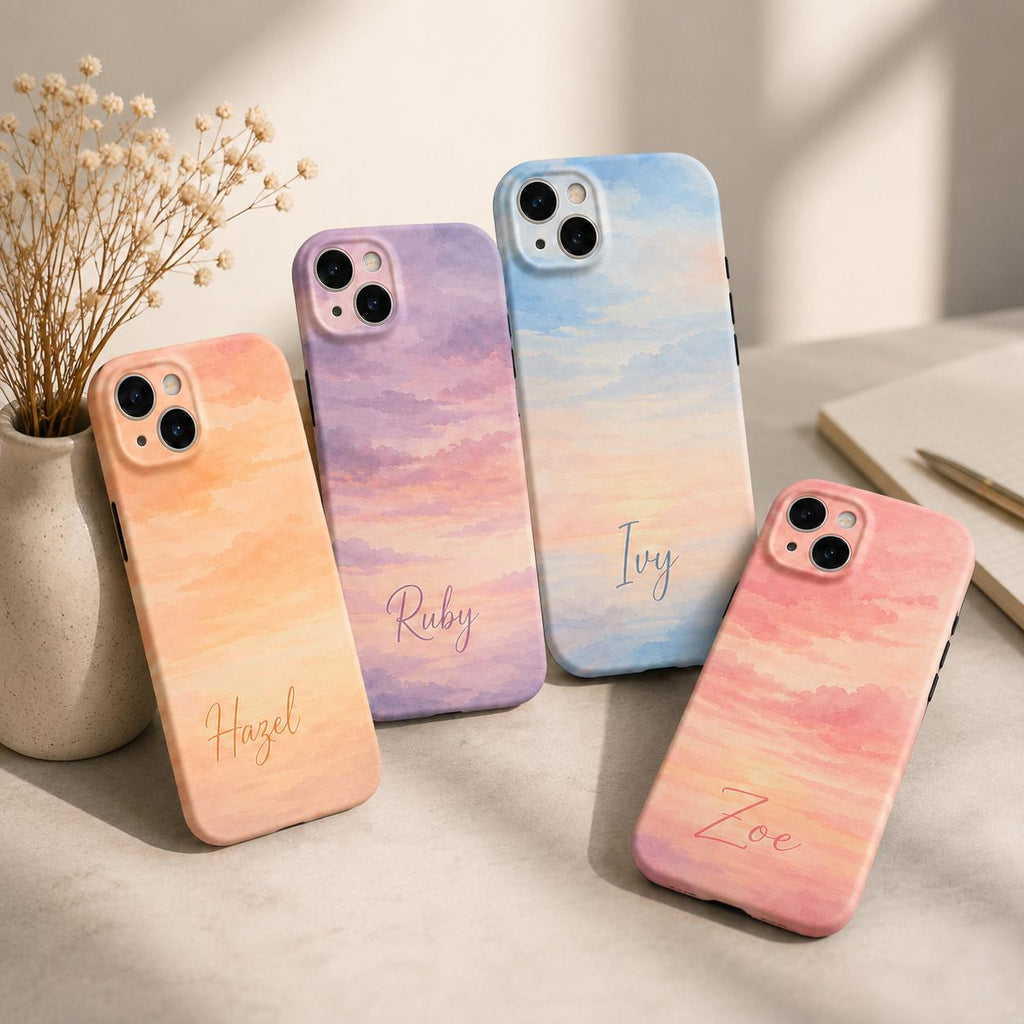 Custom Sunset Phone Case, Personalized Watercolor Sky iPhone Case, Pastel Cloud Name Case Gift for Her