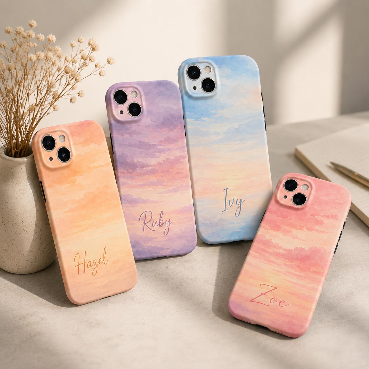 Custom Sunset Phone Case, Personalized Watercolor Sky iPhone Case, Pastel Cloud Name Case Gift for Her