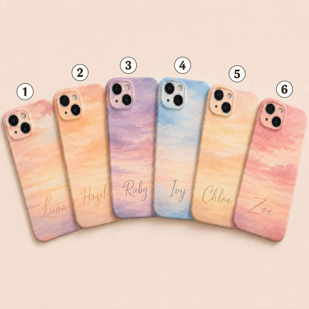 Custom Sunset Phone Case, Personalized Watercolor Sky iPhone Case, Pastel Cloud Name Case Gift for Her