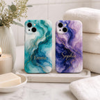 Custom Blue Marble Phone Case, Personalized Ink Art iPhone Case, Navy Gold Abstract Name Case Gift